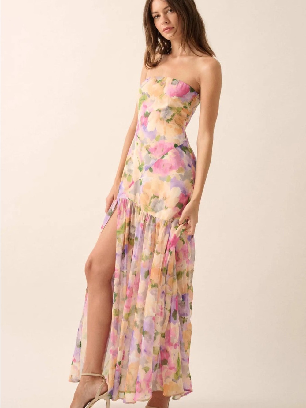 Promesa Strapless Floral Watercolor Maxi Dress in Pink, Yellow & Green